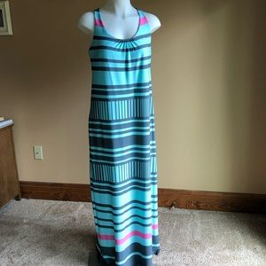 Aqua Grey and Pink Striped Maxi Sundress